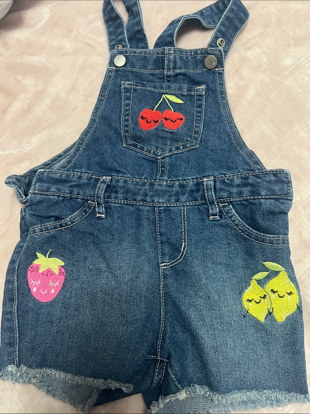 Denim Cherry Patch Girls' Short Overalls - Blue
